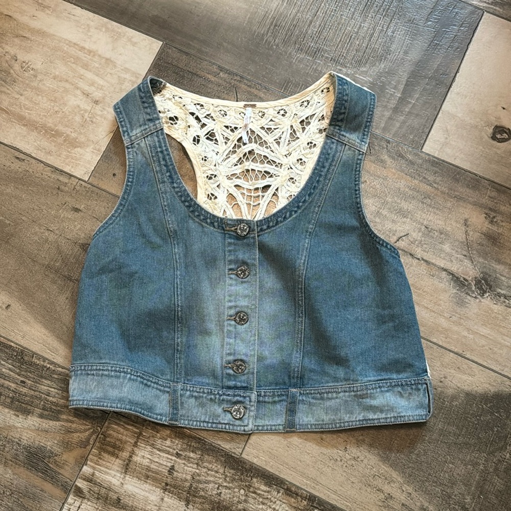 Free people crochet denim vest